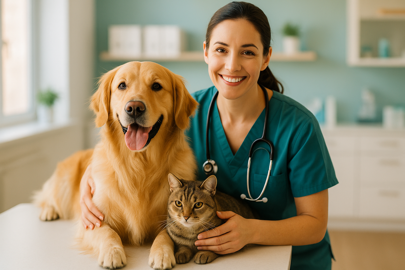 Veterinário cuidando de um cão e um gato na Alpha